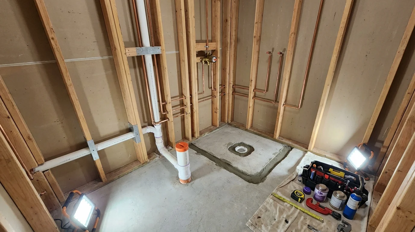 Bathroom rough-in plumbing during remodel by Johns Plumbing LLC in Manlius