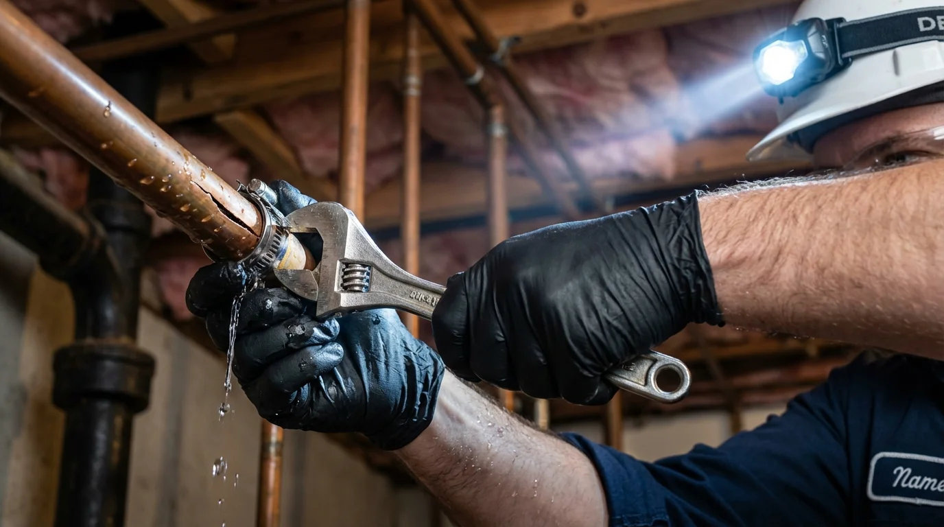 Emergency pipe clamp repair being performed by a Johns Plumbing LLC plumber in Manlius